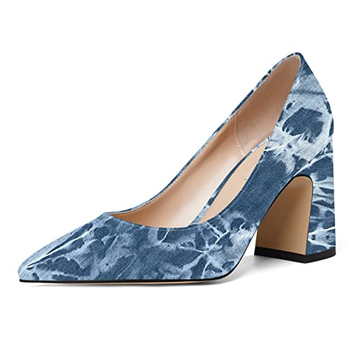 SHOWFOREST Womens Dating Pointed Toe Patent Dress Slip On Chunky High Heel Pumps Shoes 3.3 Inch