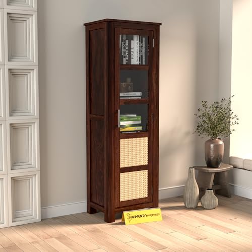 Image of Solid Sheesham Wood Bookshelf with Acrylic Glass Door | Rosewood Kitchen Cabinet with Storage Shelves for Dining Room & Office (B-Walnut Finish)