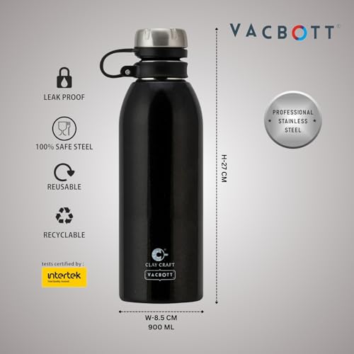 Image of Clay Craft VACBOTT Charlie Double Walled|18 Hrs Hot & 24 Hrs Cold Water Bottle-900ML, 2-Piece(Black) Leak Proof|Easy to Carry|Gym Bottle|Home|Kitchen|Hiking|Travel Bottle|BIS Certified