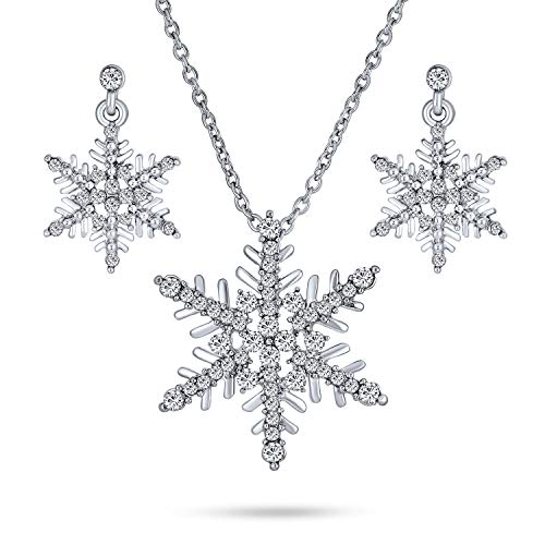 Holiday Party Frozen Winter Christmas Crystal White Snowflake Pendant Necklace Earring Jewelry Set for Women for Teen Silver Plated