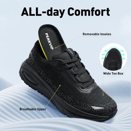 Image of Men's Wide Width Non Slip Work Shoes, Air Cushion Lightweight Wide Toe Box Sneakers Water&Oil Resistant, Breathable Arch Support Food Service Chef Kitchen