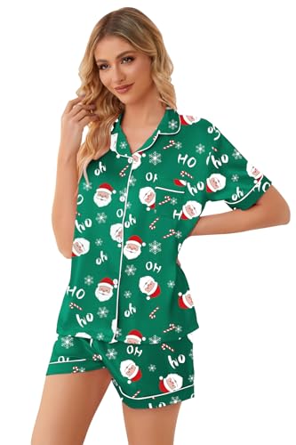Image of Schbbbta Womens Pajamas, Satin Silk Pjs 2 Pcs Set Button-Up Short Sleeves Notched Collar Sleepwear Soft Cozy Cool Loungewear, R Christmas Santa Claus, X-Large