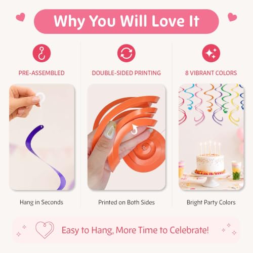 Image of HonuGoGo 48‑Piece Multi-Color Paper Swirl Decorations - Hanging Party Swirls for Birthday, Baby Shower, Wedding & Celebration Decor