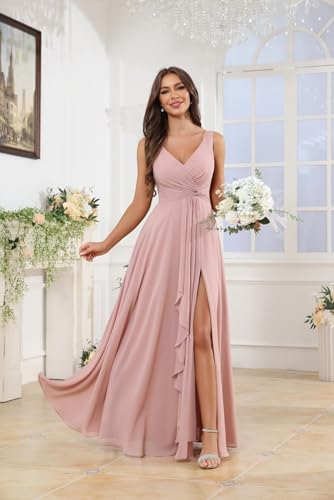 Chiffon Bridesmaid Dresses with Pockets Pleated Ruffle Sleeveless A Line Formal Evening Gown with Slit2