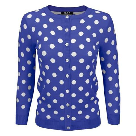YEMAK Women's Polka Dot Cute Jacquard Crewneck Button Down Sweater Cardigan MK3104-RBL-L Royal Blue Cover