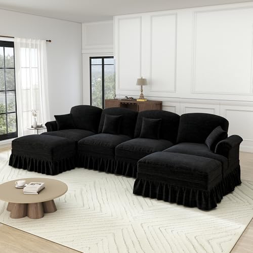 Yihomfy Grand canapé d'angle modulaire en U, canapé Convertible 4 Places avec 2 Repose-Pieds Amovibles et Jupe à Volants, Assise Profonde, Tissu Chenille,...