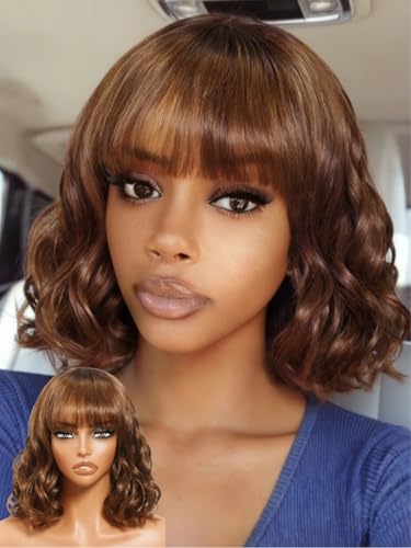 Image of Beauty Forever Bob Wig Human Hair with Bangs Loose Body Wave Glueless 4x2 HD Lace Chestnut Chocolate Brown with Highlight Pre Plucked Bob Wear and Go Short Wigs Beginner Friendly 150% Density 10inch