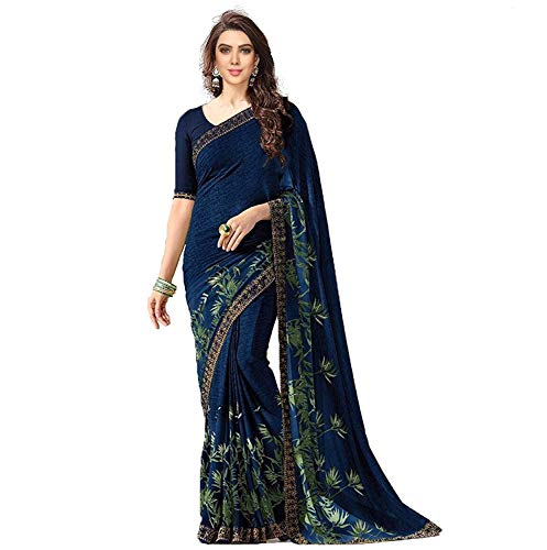 Image of RAJESHWAR FASHION WITH RF Women's Georgette Printed Sarees For Women With Jacquard Work Lace Border & Blouse