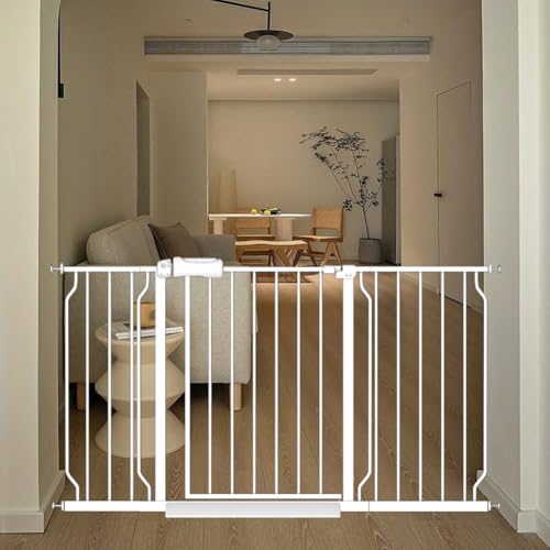 Image of White Extra Wide Baby Gate 53-57.5 inch for Doorways Stairs Pressure Mount Baby Gate Automatic Close Child Dog Pet Safety Toddler Gates with Extensions