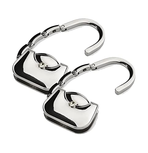 WPRO Handtaschenhalter Luisa 2er-Set – Metall, Silber, faltbar mit Etui – Taschenhaken für Tisch, rutschfest, Schutz vor Boden, Geschenkbox für Damen