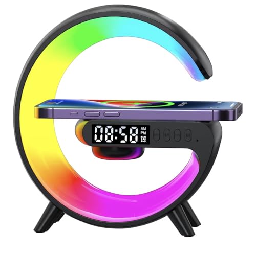 Treligate LED Table Lamp with Wireless Charger, Mini G Atmosphere Lamp with Bluetooth Speaker, Night Light Lamp Sunrise Alarm Clock, Smart Light Sound Machine, (Black)