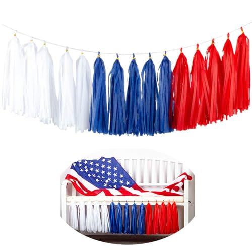 Image of 15pcs Red Blue White Tassel Garland Banner Tissue Paper Tassels for 4th /Fourth of July Patriotic Decorations