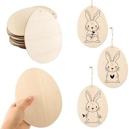 HERZONE Lot de 20 grands œufs de Pâques à peindre, 17 x 13 cm, pendentifs en bois, pour Pâques, avec trou de suspension, œufs de Pâques, 17 x 13 cm