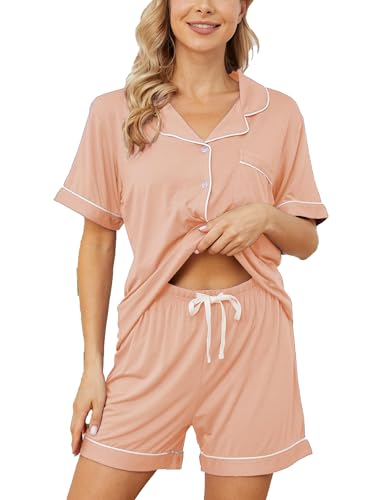 Image of Yoolfine Womens Pajama Sets Short Sleeve Sleepwear Soft Button Down Nightwear Lounge Pj Set XS-XXL
