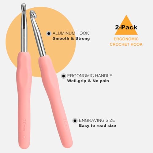 Image of 2Pcs 7.0mm Crochet Hooks, Ergonomic Crochet Hook for Arthritis and Beginners, Extra Long, Smooth, Comfortable (7.0mm)