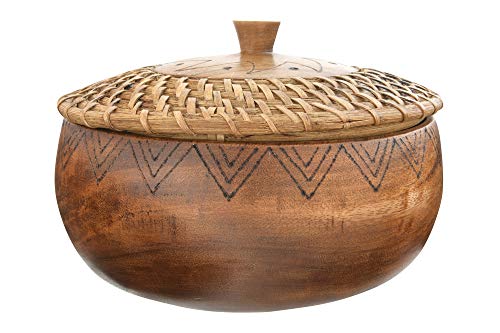 Bloomingville 9.5" Round Woven Rattan & Acacia Wood Container with Lid Bowl, Brown