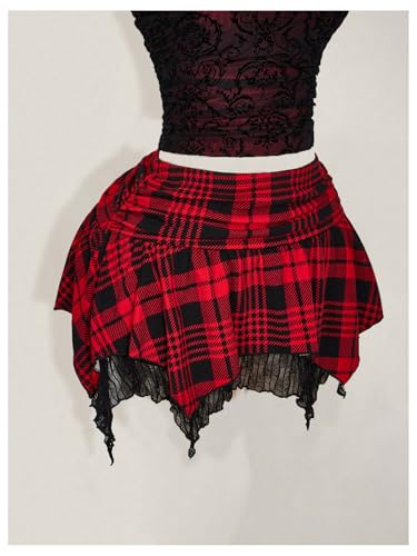 Verdusa Women's Plus Size Y2K Plaid Lace Mini Skirt Rave Club Ruched Flowy Summer Skirts3