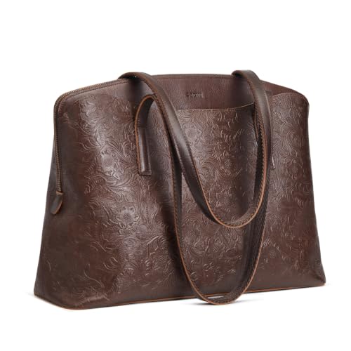 Image of S-ZONE Leather Tote Bag for Women Large Capacity Shoulder Handbags Purses | Full Grain Leather, Large Capacity, Fits 15.6-Inch Laptop, Work or Commute, Bottom Metal Feet