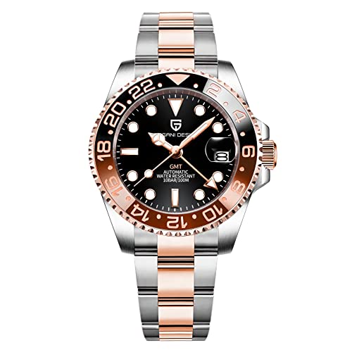 BY BENYAR Pagani Design Men GMT Automatic Watches-Fashion Stainless Steel Mechanical Watch-Sapphire Glass Lens Watch Men (Gold 3)