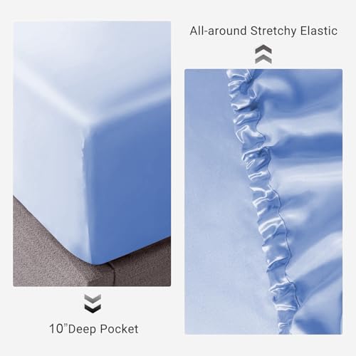 Image of Soft and Silk Satin Fitted Bedsheet for Single Size 36X75 +12 in - Elastic Fitted Sheet 400 TC Hotel Collection for Bedroom | Fitted Sheet with Pillow Cover - Sky Blue, Single Bed