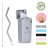 Mini Tree Paille Pliable Réutilisable en Acier Inoxydable Silicone de qualité alimentaire écologique avec brosse de nettoyage et support portable pour voyage (gris)