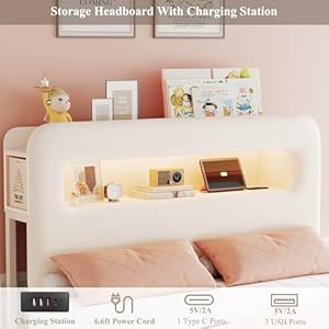 HOSTACK Full LED Bed Frame with Storage Headboard and Charging Station, Kids Bed Frame with 4 Drawers and USB Ports, Velvet Upholstered Platform Bed Frame with Bookcase, No Box Spring Needed, Cream HOSTACK Full LED Bed Frame with Storage Headboard and Charging Station Kids Bed Frame with 4 Drawers and USB Ports Velvet Upholstered Platform Bed Frame with Bookcase No Box Spring Needed Cream
