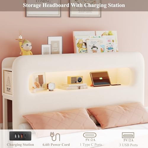 Queen LED Bed Frame with Storage Headboard, 4 Drawers, USB Ports, and Bookcase, Velvet Upholstered Platform Bed Frame - Cream