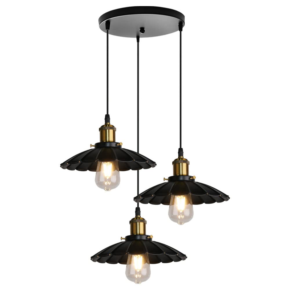 Suspension 3 lampes industriel noir pour îlot cuisine plafonnier E27