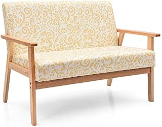 COSTWAY 2-Seater Sofa Chair, Fabric Upholstered Loveseat Couch Lounge Chair with Rubber Wood Armrests, Accent Armchair Guest Sofa Settee for Living Room, Bedroom and Office (Yellow Floral Pattern)