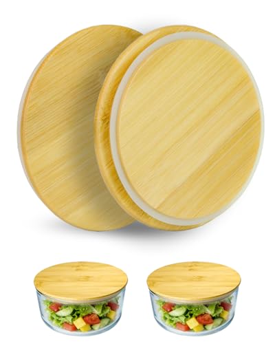 TERESRY Replacement Wooden Lids for Pyrex Anchor Hocking Glass Containers 7200 * 2 Bamboo Lids for Pyrex 2Cup Glass Bowls Bowl Covers with Leakproof Silicone Gasket 2 Pack