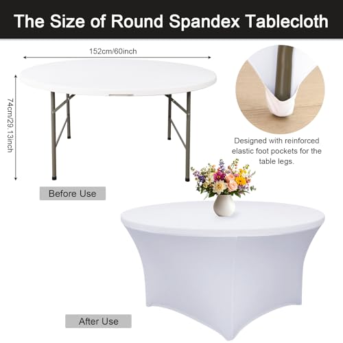 Image of Fixwal 4 Pack 60 Inch Round Tablecloth, Fitted Spandex Round Table Cloths - Washable White Stretchable Table Cover, Elastic Fabric for Wedding, Party, Restaurant, Christmas, Thanksgiving