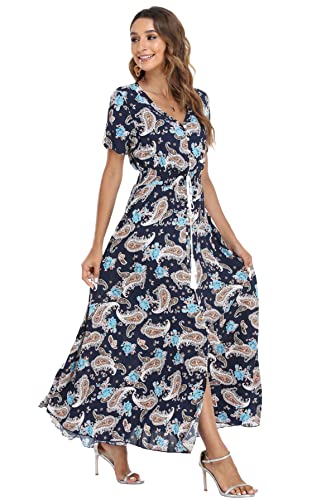 Image of VintageClothing Women's Floral Maxi Dresses Boho Button Up Split Summer Casual Long Dress Beach Party Dress