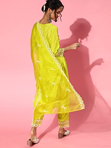 Image of INDO ERA Women's Silk Blend Floral Embroidered Straight Kurta with Pant & Dupatta Set (21DDD8446 Olive)