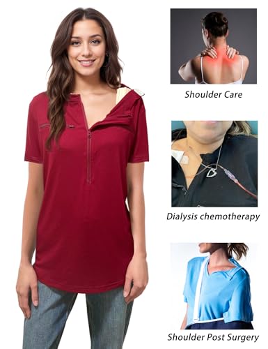 Youdiao Chemo Port Shirts for Women Short Sleeve Post-Surgery Recovery with 2 Side Snaps Dual Zipper Dialysis Cancer Clothing3