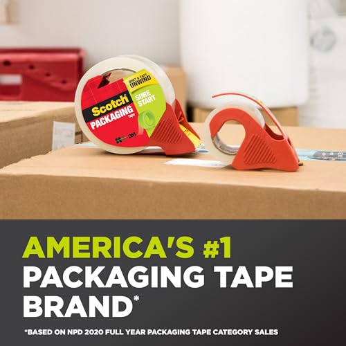 Image of Scotch Sure Start Packing Tape, Clear, Quiet Unwind and Easy Start, 1.88 in. x 22.2 yd., 6 Tape Rolls with Dispensers