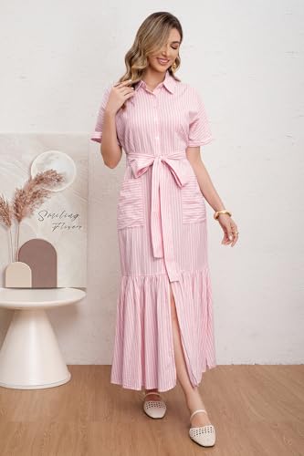 Image of utcoco Women's 2026 Summer Casual Striped Button Down Maxi Dress Tie Waist Short Sleeve Shirt Dress with Pockets