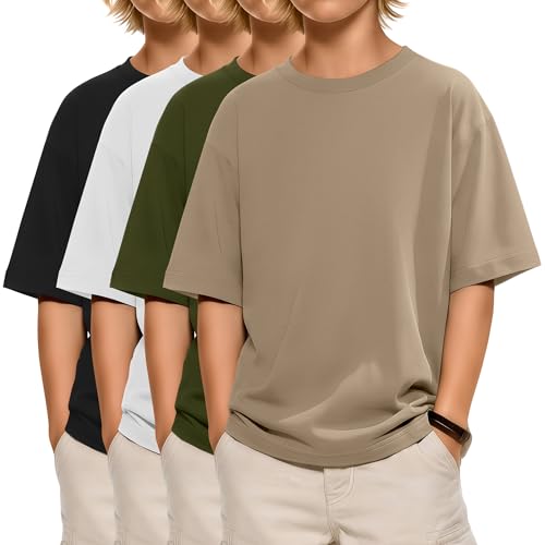 Oakgarden 4 Pack Boys Short Sleeve Shirts Oversized Crewneck Tops 5-16 Years Teen Youth Kids Casual Basic Tees(11-12 Years Khaki Army Green White Black)