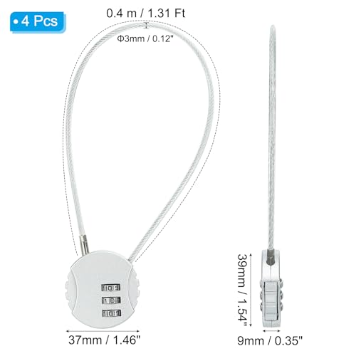 Image of PATIKIL 4 Pack 3 Digit Combination Lock,Round Helmet Padlock Cable Lock Gym Locker Lock with 1.31Ft Flexible Security Steel Lock Wire for Bike Locker Travel Luggage, Silver