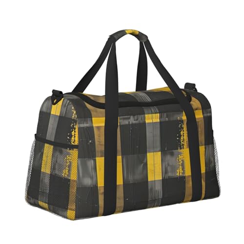 Yellow Gray Black Plaid Print Foldable Carry On Tote Large Capacity Hand Carry Bag for Airplane Weekend Getaways3