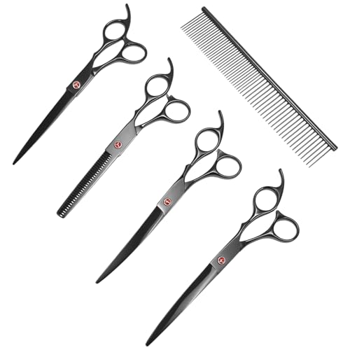 QWORK® 5 in 1 Profi Hundeschere Set, 7 Zoll Edelstahl Effilierschere, Gerade und Gebogen Schere, Pflegekamm, für Hunde und Katzen
