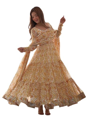 Image of KD Women's Floral Print Anarkali Kurta Set with Pant and Dupatta, Georgette, Full Sleeves, Asymmetric Hemline