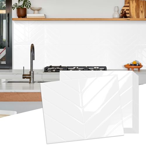 10-Sheet Herringbone Peel and Stick Backsplash Tiles for Kitchen, 3D Marble Look Self Adhesive Stick on Back Splashes Wall Tiles for Bathroom 11.5"x9" White