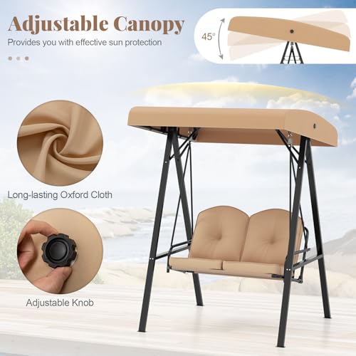 Image of HAPPYGRILL 2-Person Porch Swing, Outdoor Loveseat Swing with Adjustable Canopy & Heavy-Duty Metal Frame, Cushioned Swing with Stand for Porch, Backyard, Garden (Beige)