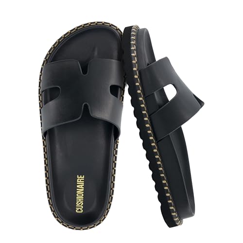 CUSHIONAIRE Crisp Women’s Slide Sandal – Faux Leather Cutout Slip-On with Artisan Stitching & Memory Foam, Wide Widths Available, BLACK 10W by CUSHIONAIRE - Used condition - US$42.74