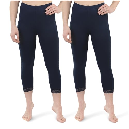 SES Capri Leggings mit Spitze 44-46 Marine 2er Pack aus Baumwolle/blickdichte Leggins mit Spitze/elastische Damen Leggins 3/4 lang Baumwolle/Leggings Damen mit Spitze mit Perfekter Passform