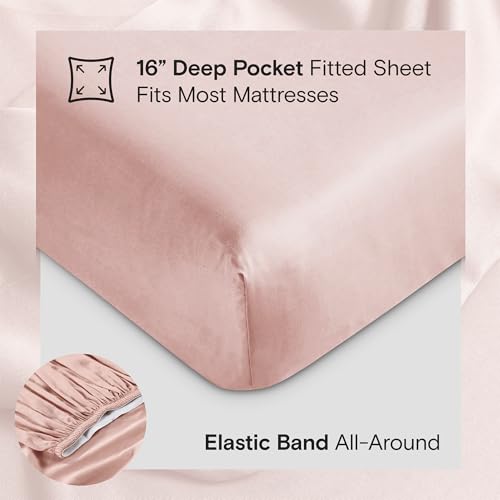 Image of DOZ Sheet Set, 100% Viscose derived from Bamboo, Organically Grown, Buttery Soft, Cooling Sheets, High GSM, Deep Pockets - 4 Piece - 2 Pillowcases 1 Fitted 1 Top Sheet (Blush, Cal King)