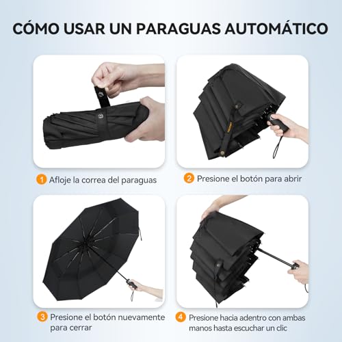 TECKNET Paraguas Plegable, Antiviento Sombrilla con Doble Cubierta para Hombres, Automático Abierto y Cierre, Ligero Portátil, Viaje Grandes Umbrella de 10 Varillas, Negro