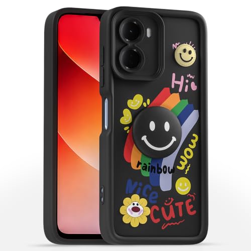Image of Pikkme Back Cover for Redmi 15A 5G | Soft Silicone| Cute Rainbow Smile & 3D Cartoon Flower Design | Shockproof Raised Camera Protection Bumper Case (Black)