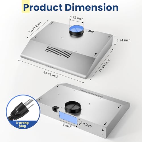 Image of 24 inch Range Hood Under Cabinet, Stainless Steel Range Hood 280CFM, Slim Kitchen Stove Hood w /Push Button, Ducted /Ductless Convertible, 3 Speeds Exhaust Fan, LED Light and Carbon Filter
