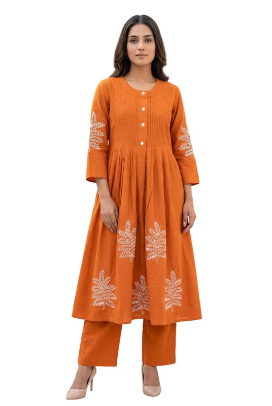 jisora Women's Orange Embroidery Cotton Co-ord Set-picture-12